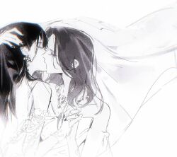 Rule 34 | 2girls, absurdres, bridal veil, chaser game w, chinese commentary, closed eyes, commentary request, dress, female focus, greyscale, hand on another&#039;s head, harumoto itsuki, hayashi fuyu, highres, holding hands, jewelry, kiss, long hair, monochrome, multiple girls, necklace, upper body, veil, wedding dress, wife and wife, yoohu6, yuri