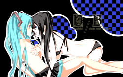 Rule 34 | 10s, 2girls, bikini, bikini top only, black hair, black rock shooter, black rock shooter (character), blue eyes, breast hold, breasts, covering privates, green eyes, green hair, hatsune miku, highres, long hair, multiple girls, richard, swimsuit, topless, twintails, vocaloid, wallpaper, yuri
