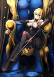 Rule 34 | 1girl, aikawa juujutsu machi, artoria pendragon (all), artoria pendragon (fate), black dress, black gloves, black thighhighs, blonde hair, breasts, cleavage, closed mouth, crossed legs, dress, elbow gloves, excalibur morgan (fate), fate/grand order, fate (series), full body, gloves, halter dress, halterneck, high heels, highres, holding, holding sword, holding weapon, looking at viewer, medium breasts, saber alter, sitting, solo, sword, thighhighs, throne, weapon, yellow eyes