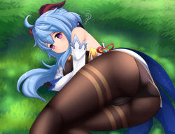 Rule 34 | 1girl, ?, absurdres, ahoge, ass, bare shoulders, blue hair, blush, bodysuit, breasts, cameltoe, cleft of venus, detached sleeves, embarrassed, ganyu (genshin impact), genshin impact, gloves, grass, highres, horns, large breasts, leotard, long hair, looking at viewer, lying, on side, pantyhose, purple eyes, selvalanch, shiny clothes, smile, solo, very long hair, waist cape