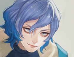Rule 34 | 1boy, blue eyes, blue hair, blurry, blurry background, closed mouth, commentary request, depth of field, grey background, hair between eyes, highres, inazuma eleven (series), inazuma eleven ares no tenbin, light smile, looking at viewer, male focus, mizukamiya seiryuu, multicolored eyes, multicolored hair, murasaki (fioletovyy), portrait, purple eyes, purple hair, signature, simple background, solo, v-shaped eyebrows
