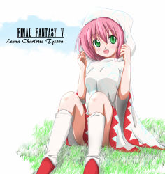 Rule 34 | 1990s (style), 1girl, breasts, character name, copyright name, female focus, final fantasy, final fantasy v, grass, green eyes, large breasts, lenna charlotte tycoon, long hair, open mouth, pink hair, retro artstyle, robe, sitting, socks, solo, square enix, u-zone, white mage (final fantasy)