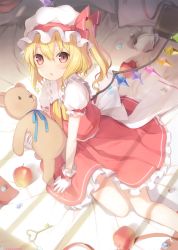 Rule 34 | 1girl, 6u (eternal land), absurdres, apple, arm support, ascot, blonde hair, blue ribbon, blush, book, bow, broken, crystal, cup, feet out of frame, flandre scarlet, food, frilled shirt collar, frills, from above, fruit, gloves, hair between eyes, hat, hat ribbon, highres, holding, holding stuffed toy, key, looking at viewer, marble (toy), mob cap, neck ribbon, on bed, one side up, parted lips, petticoat, pillow, puffy short sleeves, puffy sleeves, red bow, red eyes, red ribbon, red skirt, red vest, ribbon, sash, scan, shadow, shirt, short hair, short sleeves, sitting, skirt, skirt set, solo, stuffed animal, stuffed toy, teacup, teddy bear, thighs, touhou, undone ascot, vest, white gloves, white hat, white shirt, wings, yellow neckwear