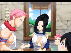 Rule 34 | 1girl, 3boys, black hair, breasts, character request, cleavage, fairy tail, family, gaston18, indoors, large breasts, long hair, mature female, multiple boys, multiple girls, natsu dragneel, nature, plant, sky, spoilers, upper body, aged down, zeref