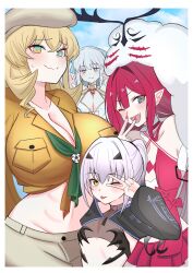 4girls 4uu_(radicalmp_head) baobhan_sith_(fate) baobhan_sith_(swimsuit_pretender)_(fate) baobhan_sith_(swimsuit_pretender)_(first_ascension)_(fate) bare_shoulders barghest_(fate) barghest_(first_ascension)_(fate) barghest_(swimsuit_archer)_(fate) blonde_hair blue_eyes blue_sky blush breasts cernunnos_(fate) character_hood cleavage cloud cloudy_sky double_v embarrassed fang fate/grand_order fate_(series) green_eyes grey_eyes half-closed_eyes hat heterochromia highres huge_breasts large_breasts long_hair medium_breasts melusine_(fate) melusine_(swimsuit_ruler)_(fate) melusine_(swimsuit_ruler)_(first_ascension)_(fate) microskirt midriff morgan_le_fay_(fate) morgan_le_fay_(water_princess)_(fate) multiple_girls nail_polish neckerchief one_eye_closed outdoors pink_hair ponytail red_nails red_skirt shirt shrug_(clothing) sidelocks skirt sky small_breasts smile swimsuit tied_shirt tongue tongue_out upper_body v white_hair yellow_eyes yellow_shirt