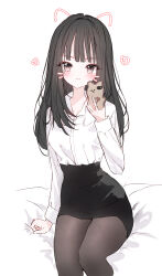 Rule 34 | 1girl, absurdres, bed sheet, black hair, black pantyhose, black skirt, blush, brown eyes, cellphone, closed mouth, collared shirt, commentary, drawn ears, drawn whiskers, dress shirt, feet out of frame, hand up, heart, highres, holding, holding phone, long hair, long sleeves, looking at viewer, original, pantyhose, pencil skirt, phone, shirt, simple background, sitting, skirt, smile, solo, tandohark, white background, white shirt