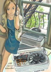 Rule 34 | 1girl, against wall, air conditioner, blue dress, blue eyes, cordless phone, dress, female focus, fire escape, indoors, jacket, mao (matz8), original, phone, railing, smile, solo, stairs, window