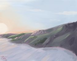 Rule 34 | artist name, cloud, dated, dated commentary, fog, forest, grass, highres, jino (jinostraws), landscape, mountain, nature, no humans, original, scenery, sky, sun