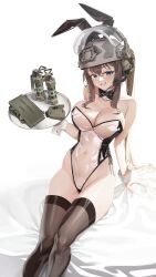 Rule 34 | 1girl, absurdres, animal ears, aronman, bare shoulders, blue eyes, blush, breasts, brown hair, claymore (mine), cleavage, explosive, flashbang, grenade, grin, groin, headset, helmet, highres, large breasts, leotard, looking at viewer, meme attire, mine (weapon), navel, original, paid reward available, playboy bunny, ponytail, rabbit ears, see-through, sitting, smile, solo, termichan (not-a-bot), translucent bunnysuit, tray, wrist cuffs