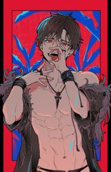 Rule 34 | 1boy, abs, bare pectorals, belial (granblue fantasy), belial (summer) (granblue fantasy), black hair, black jacket, black male swimwear, fellatio, fellatio gesture, granblue fantasy, h gurabbb, jacket, jewelry, large pectorals, looking at viewer, male focus, male swimwear, multiple rings, muscular, muscular male, navel, necklace, official alternate costume, open clothes, open jacket, open mouth, oral, pectorals, red eyes, ring, sexually suggestive, short hair, simulated fellatio, solo, swim briefs, tongue, tongue out, upper body, wristband
