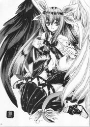 Rule 34 | 1girl, arc system works, asymmetrical wings, boots, bow, dizzy (guilty gear), greyscale, guilty gear, hair bow, kacchu musume, long hair, long sleeves, midriff, monochrome, navel, non-web source, ribbon, smile, solo, tail, tail ornament, tail ribbon, thighhighs, twintails, wings