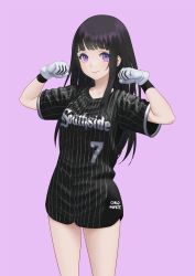 Rule 34 | 1girl, baseball uniform, black hair, blush, breasts, carlo montie, chitanda eru, clenched hands, gloves, highres, hyouka, long hair, looking at viewer, purple background, purple eyes, simple background, smile, solo, sportswear, white gloves