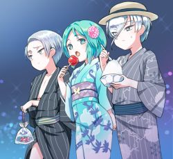 Rule 34 | 3others, alternate costume, amimi, antarcticite, cairngorm (houseki no kuni), candy apple, eyes visible through hair, fish, flower, food, goldfish, green eyes, green hair, grey eyes, hair between eyes, hair flower, hair ornament, hair over one eye, hat, holding, houseki no kuni, japanese clothes, kimono, long bangs, looking at viewer, looking to the side, matching hair/eyes, multiple others, obi, phosphophyllite, rice, sash, shaved ice, short hair, standing, white eyes, white hair