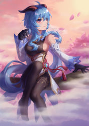 Rule 34 | 1girl, absurdres, ahoge, bell, black bodysuit, black gloves, blue hair, blurry, bodysuit, branch, cherry blossoms, commentary request, depth of field, detached sleeves, fog, ganyu (genshin impact), genshin impact, gloves, hair between eyes, highres, horns, knee up, long hair, long sleeves, looking away, neck bell, no shoes, petals, purple eyes, rope, shimenawa, sidelocks, sitting, smile, solo, vision (genshin impact), wide sleeves, yi xiang ren