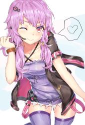 Rule 34 | 1girl, arietto, blush, breasts, cleavage, closed mouth, collarbone, headset, heart, large breasts, long hair, looking at viewer, one eye closed, pink eyes, purple hair, purple thighhighs, smile, solo, speech bubble, spoken heart, thighhighs, vocaloid, voiceroid, yuzuki yukari