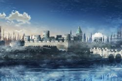 Rule 34 | artist name, blue sky, bridge, bush, castle, cloud, dated, day, english text, gradient sky, highres, making-of available, no humans, original, outdoors, reflection, reflective water, scenery, signature, sky, tree, twitter username, waisshu (sougyokyuu), water, watermark