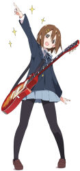 Rule 34 | 1girl, arm up, black pantyhose, blue neckwear, blue ribbon, blue skirt, blush, brown eyes, brown footwear, brown hair, commentary request, electric guitar, full body, gibson les paul, guitar, hair ornament, hairclip, hirasawa yui, index finger raised, instrument, ixy, k-on!, long sleeves, looking at viewer, open mouth, pantyhose, pleated skirt, ribbon, school uniform, shoes, short hair, simple background, skirt, smile, solo, sparkle, standing, white background