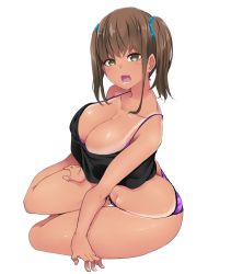 Rule 34 | 1girl, bad id, bad twitter id, bebebe (pepegakii), bikini tan, bra, breasts, bright pupils, brown hair, butt crack, camisole, cleavage, commentary request, crop top, from side, full body, green eyes, hair ornament, hand on own thigh, highres, hip bones, huge breasts, large breasts, looking at viewer, medium hair, open mouth, original, panties, purple bra, purple panties, sidelocks, simple background, sitting, solo, tan, tanline, thighs, twintails, underwear, white background, yokozuwari