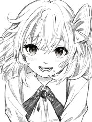 Rule 34 | 1girl, ascot, blush, bow, brooch, collared shirt, fang, fangs, greyscale, hair between eyes, hair bow, hair ornament, hanokami, highres, jewelry, looking at viewer, medium hair, messy hair, monochrome, open mouth, portrait, rumia, shirt, simple background, sketch, smile, solo, straight-on, touhou