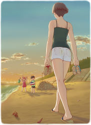 Rule 34 | 00s, 1boy, 2girls, arms up, bare arms, bare legs, bare shoulders, beach, brown hair, bucket, camisole, carrying, child, cloud, crab, gake no ue no ponyo, holding, holding shoes, jas (littlecrime), kaze no tani no nausicaa, kneepits, lamppost, legs, lisa (ponyo), long image, mother and son, multiple girls, nape, ohmu, outdoors, park, ponyo, sand sculpture, sandals, seashell, shell, shoes, short hair, short shorts, shorts, sky, skyline, sosuke, spaghetti strap, stairs, star (sky), sun, sunset, tall image, tank top, toy boat, unworn shoes, walking, water