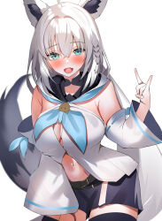 Rule 34 | 1girl, aa44, absurdres, animal ears, aqua eyes, bare shoulders, detached sleeves, highres, hololive, long hair, looking at viewer, open mouth, shirakami fubuki, solo, white hair, wolf ears