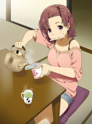 Rule 34 | 1girl, casual, chopsticks, cup, hair ornament, hairclip, kettle, mattaku mousuke, mouth hold, nissin cup noodle, original, solo, steam, sweat, table