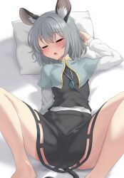 Rule 34 | 1girl, absurdres, animal ear fluff, animal ears, arm at side, arm up, black skirt, black vest, blue capelet, blush, capelet, closed eyes, commentary request, diamond (shape), diamond necklace, feet out of frame, grey hair, hair between eyes, head on pillow, head tilt, highres, knees out of frame, long sleeves, lying, mouse ears, mouse girl, mouse tail, nazrin, on back, open mouth, paid reward available, pillow, shirt, short hair, sidelighting, skirt, sleeping, solo, spread legs, tail, thighs, touhou, vest, white shirt, youmu-kun