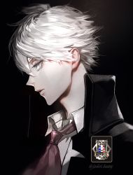 Rule 34 | 1boy, black coat, charles-henri sanson (fate), coat, collared coat, collared shirt, fate/grand order, fate (series), from side, hair between eyes, highres, koshika rina, male focus, necktie, open mouth, profile, red necktie, shirt, short hair, solo, white eyes, white hair