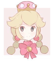 Rule 34 | 1girl, artist name, blonde hair, bow, braid, chocomiru, commentary, crown, dress, earrings, english commentary, jewelry, long hair, looking at viewer, mario (series), new super mario bros. u deluxe, nintendo, open mouth, paint.net (medium), peachette, pink background, pink bow, pink dress, smile, solo, sparkle, super crown, toadette, twin braids, twintails, upper body