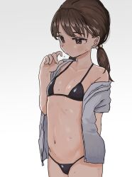 Rule 34 | 1girl, aaa (unkounkounko712), bikini, black bikini, blush, brown eyes, brown hair, flat chest, hair ornament, highres, low twintails, original, simple background, solo, sweater, swimsuit, twintails