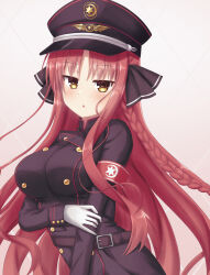 Rule 34 | 1girl, armband, belt, black hat, black jacket, black ribbon, blush, braid, breasts, brown belt, buttons, commentary, dracu-riot!, eyelashes, eyes visible through hair, gloves, grabbing own arm, hair ribbon, hat, highres, impossible clothes, jacket, large breasts, long hair, long sleeves, looking at viewer, military, military hat, military uniform, parted bangs, parted lips, peaked cap, red armband, red hair, ribbon, sidelocks, simple background, single braid, solo, star (symbol), uniform, upper body, very long hair, wavy hair, white background, white gloves, yarai miu, yuunagi (yunagi1373)
