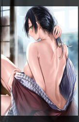 Rule 34 | 1girl, absurdres, back, back focus, backboob, black hair, blurry, blurry background, breasts, from behind, green eyes, hair over shoulder, highres, japanese clothes, kakao (chocolate land), kimono, large breasts, original, shouji, sidelocks, sitting, sliding doors, thighs