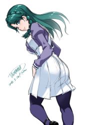 Rule 34 | 1girl, 2015, artist name, ass, blue eyes, braid, dated, from behind, go! princess precure, green hair, hair over shoulder, kaidou minami, leaning forward, long hair, looking back, pantyhose, parted lips, pleated skirt, precure, purple pantyhose, school uniform, signature, single braid, sketch, skirt, smile, solo, standing, standing on one leg, tachibana roku