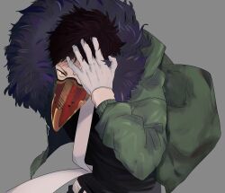 Rule 34 | 1boy, absurdres, black pants, black shirt, boku no hero academia, brown hair, chacoma, covering one eye, feather-trimmed jacket, feathers, gloves, green jacket, highres, jacket, male focus, mask, mouth mask, necktie, overhaul (boku no hero academia), pants, plague doctor mask, purple feathers, shirt, short hair, solo, very short hair, white gloves, white necktie, yellow eyes
