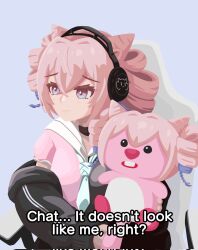 Rule 34 | 1girl, animal ears, arknights, black jacket, chair, closed mouth, drill hair, english text, gaming chair, gribberoni, headphones, highres, jacket, lilypichu, long hair, long sleeves, mouse ears, parody, pink hair, pink shirt, purple eyes, purple hair, shirt, simple background, solo, stuffed toy, swivel chair, twin drills, u-official (arknights), upper body, voice actor connection, wig