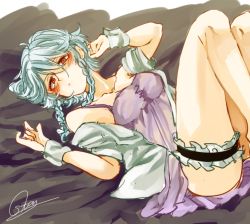 Rule 34 | 1girl, arm up, bad id, bad pixiv id, braid, breasts, cleavage, closed mouth, izayoi sakuya, looking at viewer, lying, medium breasts, on back, open clothes, open shirt, red eyes, shirt, short sleeves, side braid, signature, silver hair, solo, souta (karasu no ouchi), thigh strap, touhou, twin braids, white shirt, wrist cuffs