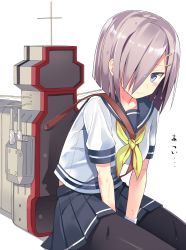 Rule 34 | 10s, 1girl, 501092-taka, between legs, black pantyhose, blue eyes, blush, gloves, hair ornament, hair over one eye, hairclip, hamakaze (kancolle), kantai collection, looking at viewer, machinery, neckerchief, pantyhose, pleated skirt, school uniform, serafuku, short hair, short sleeves, silver hair, sitting, skirt, solo, v arms, wet, white gloves, yellow neckerchief
