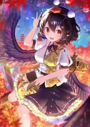 Rule 34 | 1girl, :d, arm up, bag, belt, bird wings, black belt, black bow, black hair, black skirt, black wings, blush, bow, bowtie, breasts, frilled skirt, frills, geta, hair between eyes, hat, highres, holding, holding notebook, holding pen, kiramarukou, leaf, looking at viewer, notebook, open mouth, outdoors, pen, pom pom (clothes), red bow, red bowtie, red eyes, shameimaru aya, shirt, short hair, short sleeves, skirt, smile, solo, tengu-geta, tokin hat, touhou, white shirt, wings