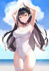 Rule 34 | 1girl, absurdres, armpits, arms up, backlighting, bandaged leg, bandages, bandaid, bandaid on leg, beach, black hair, blue sky, breasts, character request, chinese commentary, choker, cloud, commentary request, covered navel, day, hair between eyes, highleg, highleg swimsuit, highres, horizon, horns, looking at viewer, medium breasts, multicolored hair, ocean, one-piece swimsuit, outdoors, single horn, sky, solo, standing, streaked hair, swimsuit, thighs, tower of fantasy, white hair, white one-piece swimsuit, xiatian