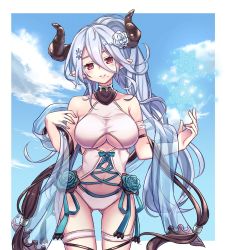 Rule 34 | 1girl, alternate hairstyle, awa (ngkh02), bare shoulders, blue flower, blue hair, blue rose, blush, border, breasts, cloud, collarbone, day, draph, flower, gluteal fold, granblue fantasy, hair between eyes, hair flower, hair ornament, head tilt, highres, horns, izmir, izmir (summer) (granblue fantasy), large breasts, long hair, looking at viewer, mole, mole under mouth, navel, one-piece swimsuit, outside border, parted lips, pointy ears, ponytail, red eyes, rose, sky, snowflakes, solo, swimsuit, very long hair, white one-piece swimsuit