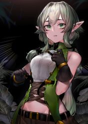 Rule 34 | 10s, 1girl, absurdres, bare shoulders, black background, black bow, black gloves, bow, commentary request, elf, gloves, goblin slayer!, green eyes, green hair, green shirt, hair between eyes, hair bow, high elf archer (goblin slayer!), highres, leaf, long hair, looking at viewer, midriff, neonbeat, parted lips, pointy ears, shirt, sidelocks, sleeveless, sleeveless shirt, solo