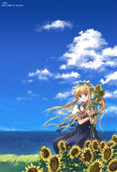 Rule 34 | 00s, 1girl, air (visual novel), blonde hair, blue eyes, closed mouth, cloud, day, flower, grass, kamio misuzu, long hair, looking at viewer, ocean, outdoors, ponytail, scenery, school uniform, skirt, sky, smile, solo, standing, sunflower, water