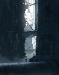 Rule 34 | 1girl, absurdres, asteroid ill, backpack, bad id, bad pixiv id, bag, blonde hair, blurry, building, city, depth of field, fantasy, footprints, grey theme, highres, iris (asteroid ill), long hair, low tied hair, original, power lines, ruins, scenery, snow, snowing, solo, stairs, very long hair, winter