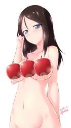Rule 34 | 1girl, apple, arm behind back, black hair, blue eyes, blush, breasts, censored, censored nipples, closed mouth, commentary, dated, food, fruit, girls und panzer, groin, half-closed eyes, hand in own hair, highres, kuzuryuu kennosuke, large breasts, long hair, looking at viewer, navel, nonna (girls und panzer), nude, one-hour drawing challenge, simple background, solo, standing, swept bangs, twitter username, white background
