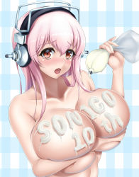 Rule 34 | 1girl, :o, anniversary, blush, breast press, breasts, deep skin, food writing, headphones, highres, huge breasts, icing, long hair, looking at viewer, nitroplus, open mouth, pink hair, plaid, plaid background, red eyes, solo, super sonico, tama (tamakaka1031)