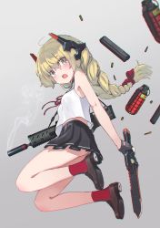 Rule 34 | 1girl, absurdres, ahoge, ass, bare arms, bare legs, bare shoulders, black gloves, black sailor collar, black skirt, blonde hair, blue eyes, blurry, blurry foreground, bow, braid, breasts, brown footwear, bullet, bullpup, combat knife, commentary request, explosive, fingerless gloves, floating hair, gloves, gradient background, grenade, grey background, gun, hair between eyes, hair bow, headgear, highres, holding, knife, legs up, loafers, long hair, looking at viewer, magazine (weapon), midriff peek, miniskirt, neck ribbon, oota youjo, open mouth, original, pleated skirt, red bow, red ribbon, red socks, ribbed legwear, ribbon, rifle, sailor collar, school uniform, serafuku, shirt, shoes, single braid, skirt, sleeveless, sleeveless shirt, small breasts, socks, solo, strap, suppressor, thighs, weapon, white shirt