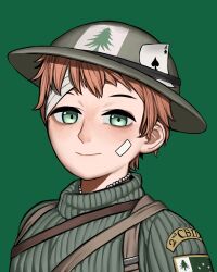 Rule 34 | 1girl, ace (playing card), ace of spades, bandaged head, bandages, bandaid, bandaid on face, brown hair, flag, green background, green eyes, hearts of iron, helmet, jewelry, kaiserreich, military, military uniform, necklace, patch, pearl necklace, playing card, pzkpfwi, spade (shape), tree, turtleneck, uniform, upper body