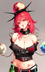 Rule 34 | absurdres, arms at sides, black panties, black shirt, blouse, breasts, cleavage, earth (ornament), english text, grey background, head tilt, hecatia lapislazuli, highres, large breasts, moon (ornament), off-shoulder shirt, off shoulder, panties, plaid, plaid skirt, pointy ears, raptor7, red eyes, red hair, shirt, simple background, skirt, solo, t-shirt, tattoo, tongue, tongue out, touhou, underwear