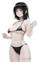 Rule 34 | 1girl, absurdres, artist name, bikini, black bikini, black hair, blue eyes, breasts, cleavage, commentary, cowboy, english commentary, hands up, highres, looking at viewer, navel, open mouth, original, short hair, simple background, solo, stomach, swimsuit, upper body, western, white background, yangie37