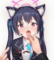 Rule 34 | 1girl, absurdres, ahoge, animal ear fluff, animal ears, bad id, bad pixiv id, black gloves, black hair, blouse, blue archive, blue jacket, blue necktie, blue ribbon, blush, cat ears, cat girl, collared shirt, eyelashes, fang, gloves, hair between eyes, hair ribbon, half gloves, halo, highres, holding, jacket, long hair, long sleeves, looking at viewer, necktie, ochiaki, open mouth, red eyes, ribbon, serika (blue archive), shirt, simple background, solo, tongue, tongue grab, tongue out, twintails, upper body, very long hair, white background, white shirt